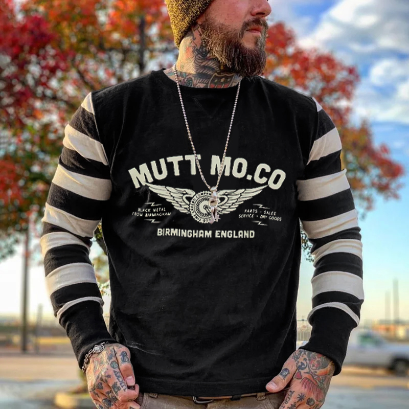 Classic Black And White Striped Patchwork Printed Crew Neck Sweatshirt