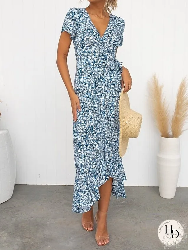 Casual Dress Wrap Dress Floral Dress Ditsy Floral Lace up Split V Neck Midi Dress Active Fashion Daily Holiday Short Sleeve Regular Fit Red Blue Summer Spring S M L XL for Women