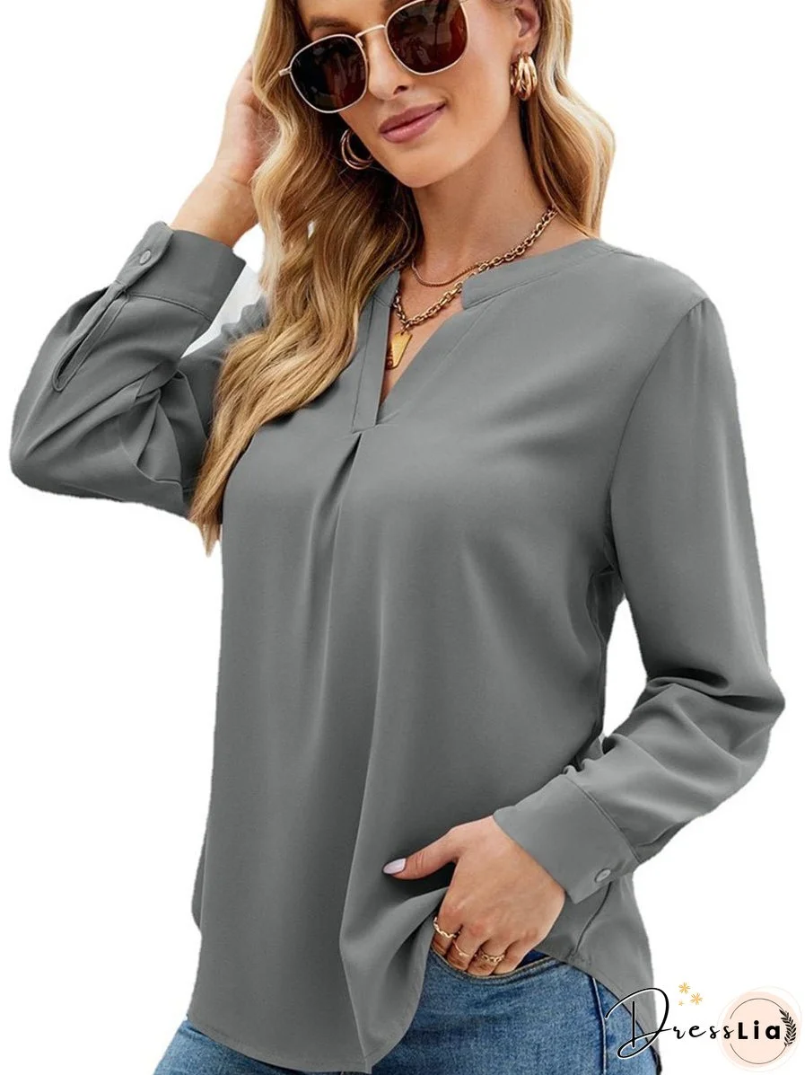 Solid Color Chiffon Loose V-Neck Long Sleeve T-Shirt