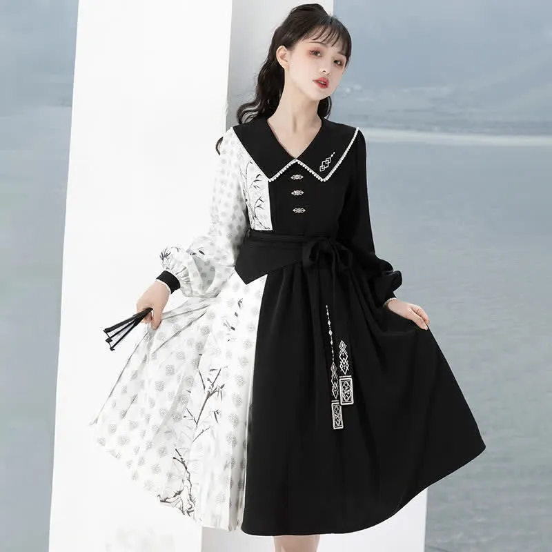 Vintage Bamboo Print Lapel Colorblock Dress