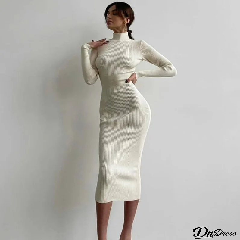 Women Turtleneck Ribbed Knitting Solid Maxi Dress