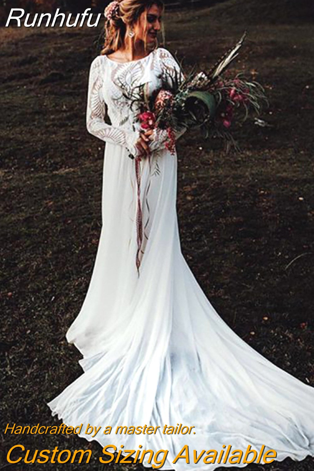 Runhufu Lace Sleeves Bohemian A Line Chiffon Wedding Dress Scoop Neck  Buttons Modest Custom Made Plus Size Boho Hippie Bridal Gowns