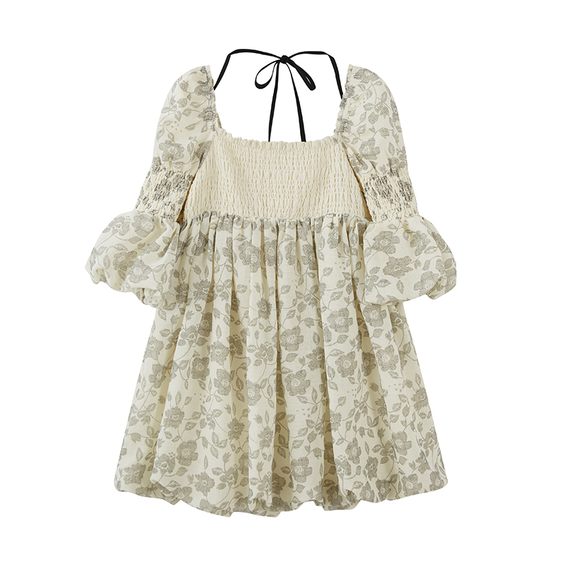 Slimming Floral Print Puff Sleeve Dress Blue Oil Painting Bubble Hem A-Line Skirt Polyester V-Neck Short Length Spring Summer