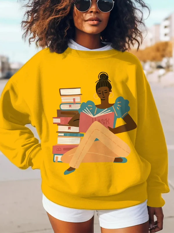 Women's Girl Reading Print Cotton Long Sleeve T-Shirt Thin Sweatshirt