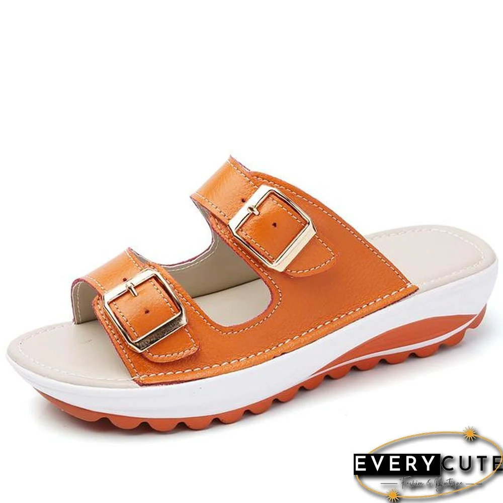 Women Platform Leather Buckle Flats Light Soft Comfortable Slides Sandals