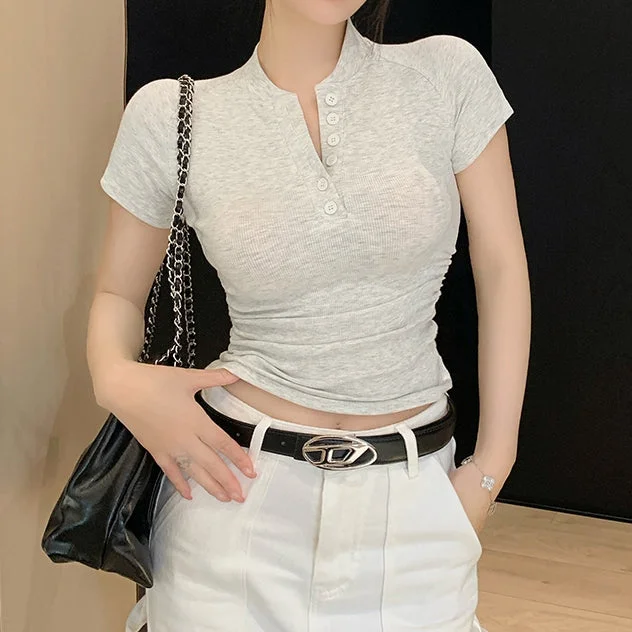 Threaded Button Slim Stretch Short Sleeve T-Shirt