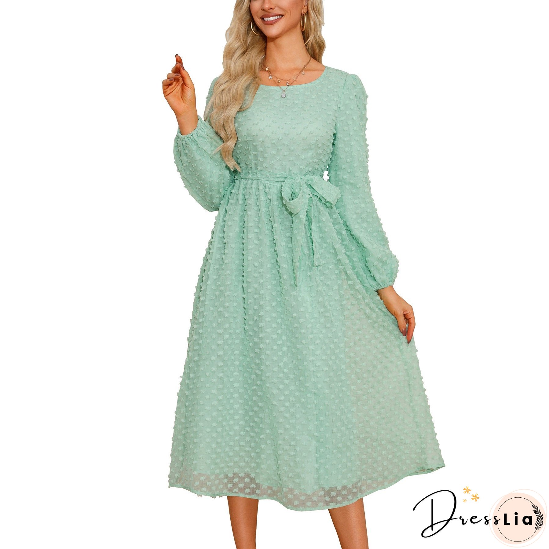 Women's Elegant Waist Temperament Crew Neck Jacquard Long Dresses
