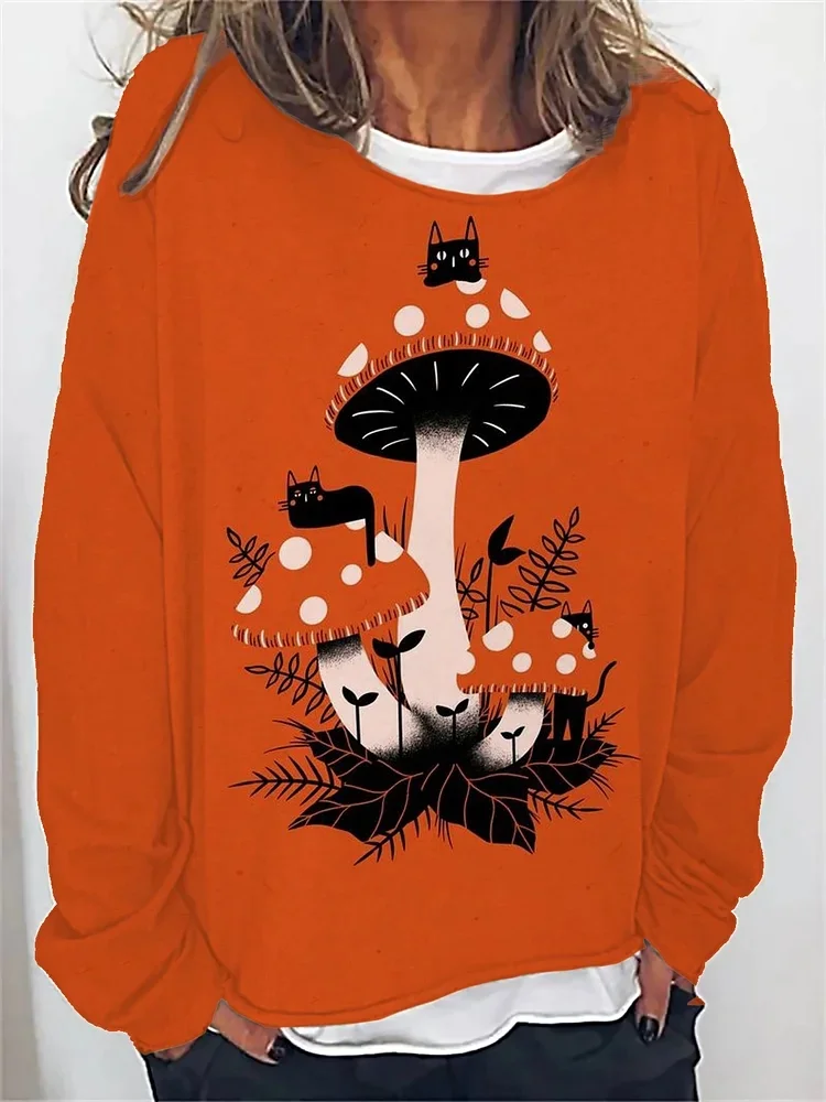 Women's Magical Mushroom Black Cats Print T-Shirt