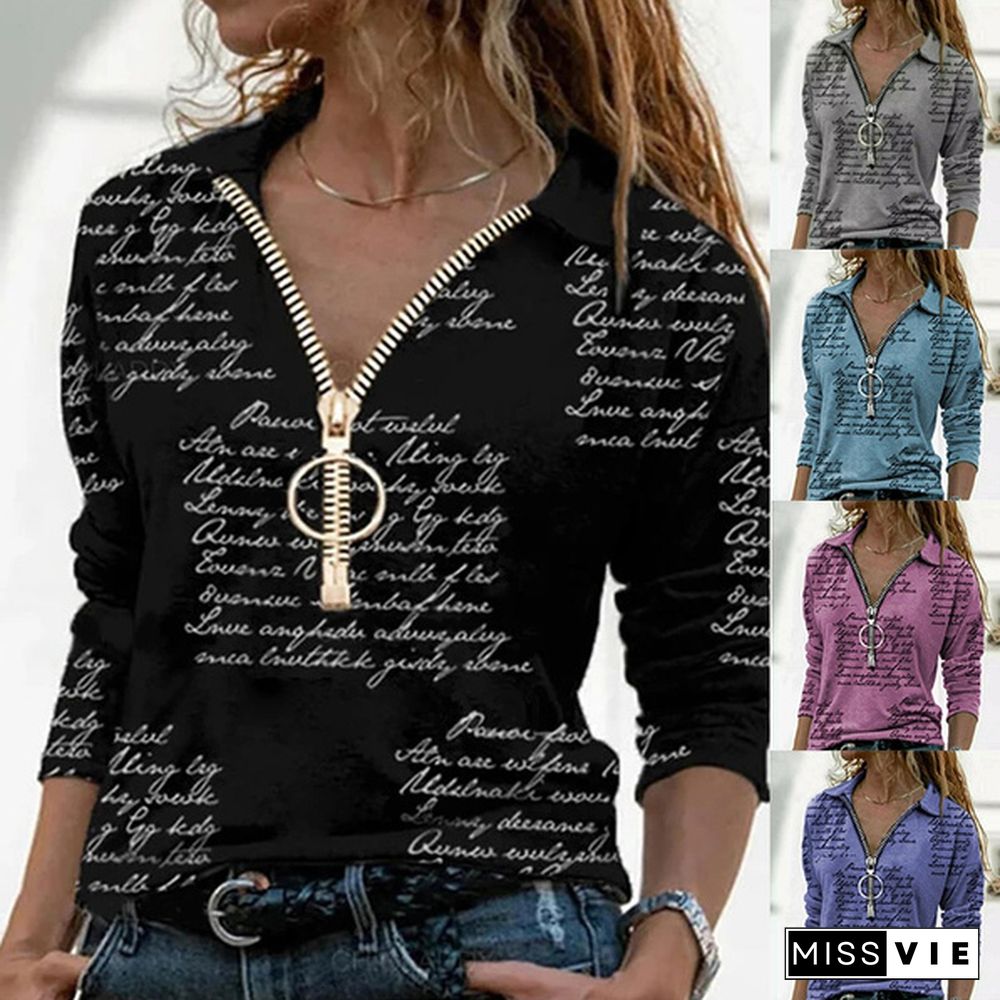 Fashion Womens Neck Long Sleeve Tops Ladies Casual Shirts Zipper Letter Print Blouse Plus