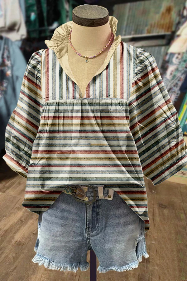 Casual Striped Puff Sleeve Top