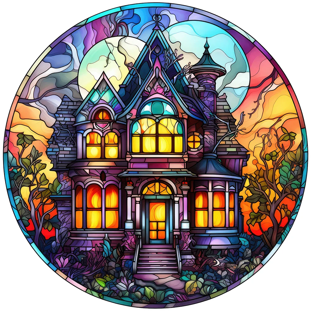 Diamond Painting - Full Round Drill - Stained Glass Halloween House(Canvas|30*30cm)