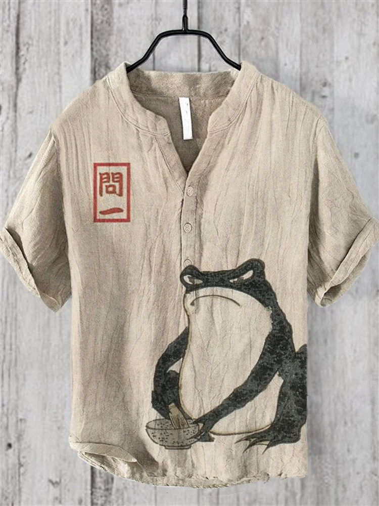 Japanese Art Angry Frog Print Linen V-Neck Shirt