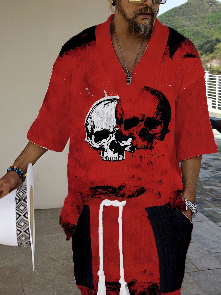 Men´s Knit Vintage Halloween Skull Art Printing Shorts Suit