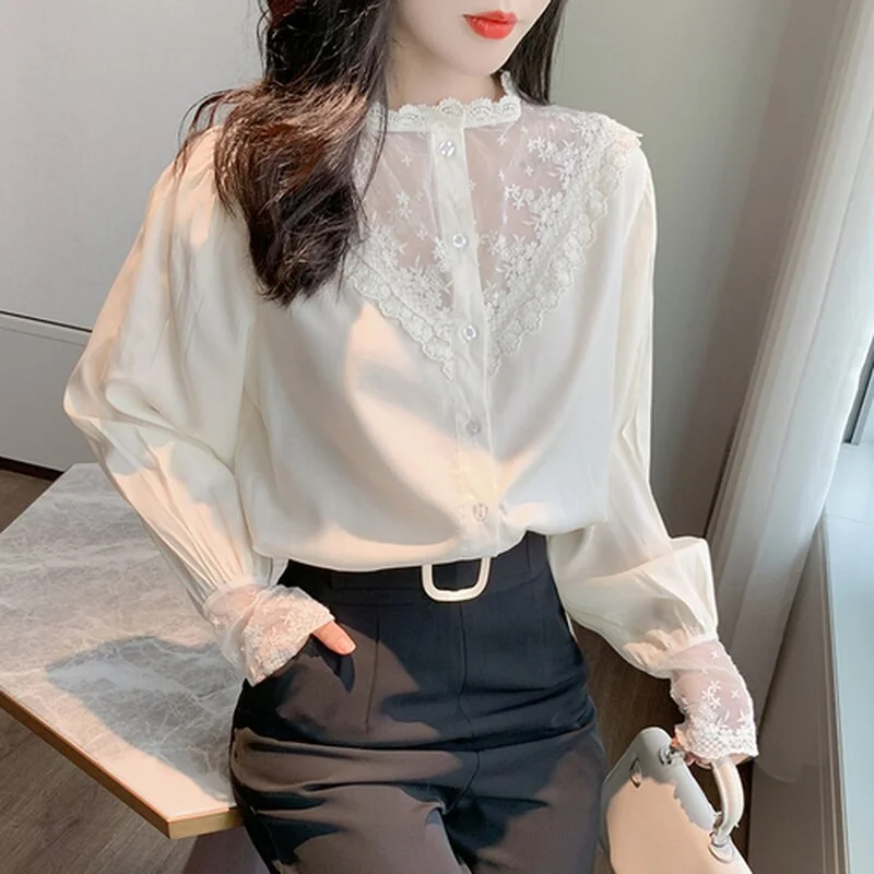 New Spring Summer Chiffon Blouse Femme Long Sleeve Loose Solid Blouses Women Casual Hollow Crochet Floral Female Shirt Tops10900