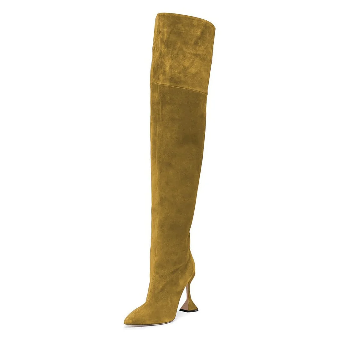 Olive Vegan Suede Pointed Toe Flared Heel Thigh High Boots by YDN