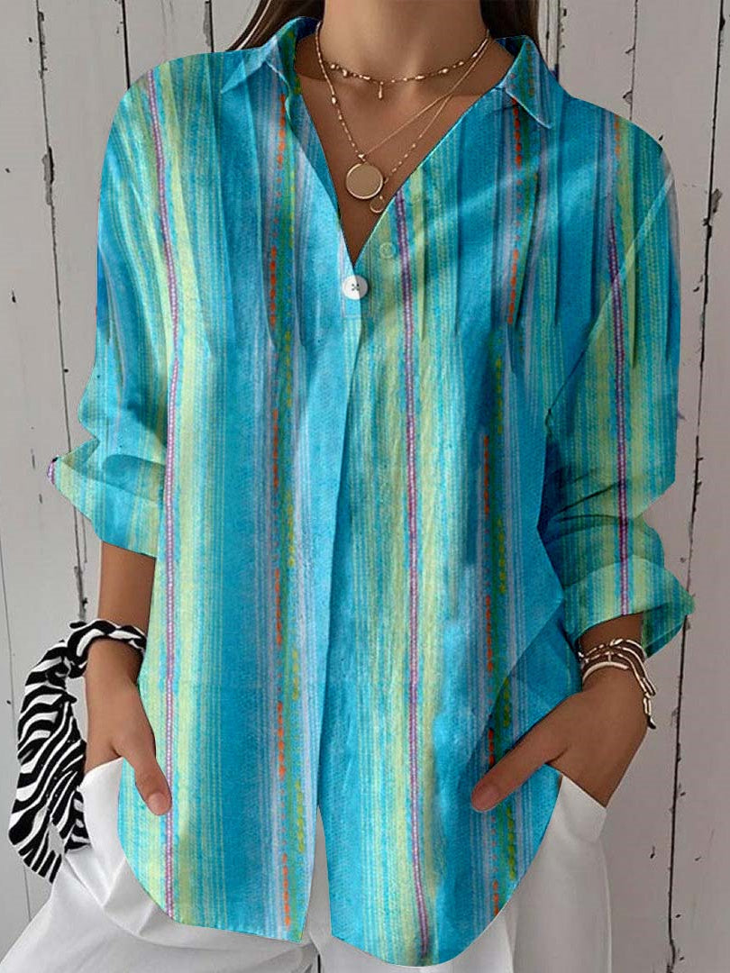 Women 3/4 Sleeve Shirt Collar Striped Printed Graphic Button Tops