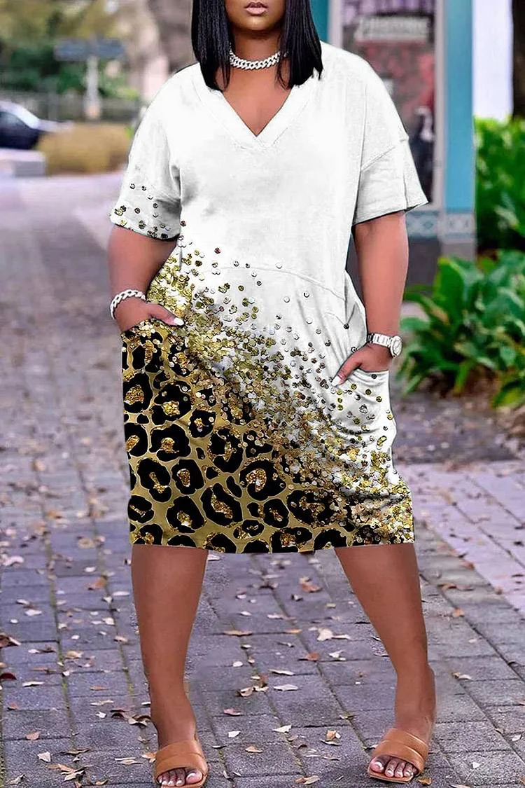 Plus Size White Casual V Neck Short Sleeve Leopard Print Midi Dress 