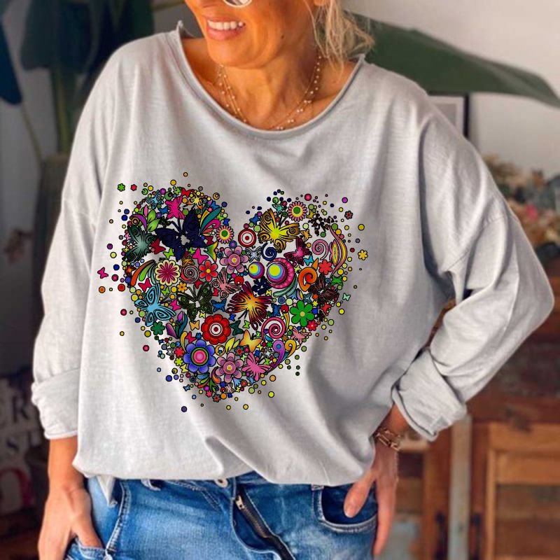 Colorful Heart Floral And Butterflies Printed Women Long Sleeve T-shirt