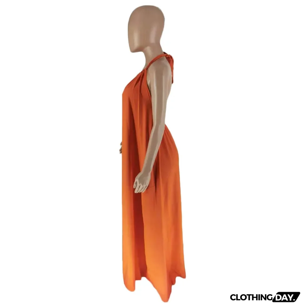 Summer Women's Sleeveless Halter Neck Sexy Low Back Solid Color Maxi Dress