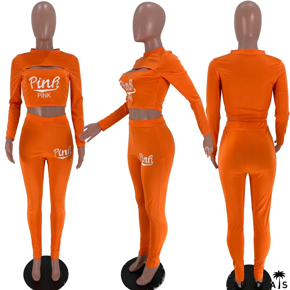 PINK Letter Embroidery Long Sleeve Pants Solid Color 2 Piece Set