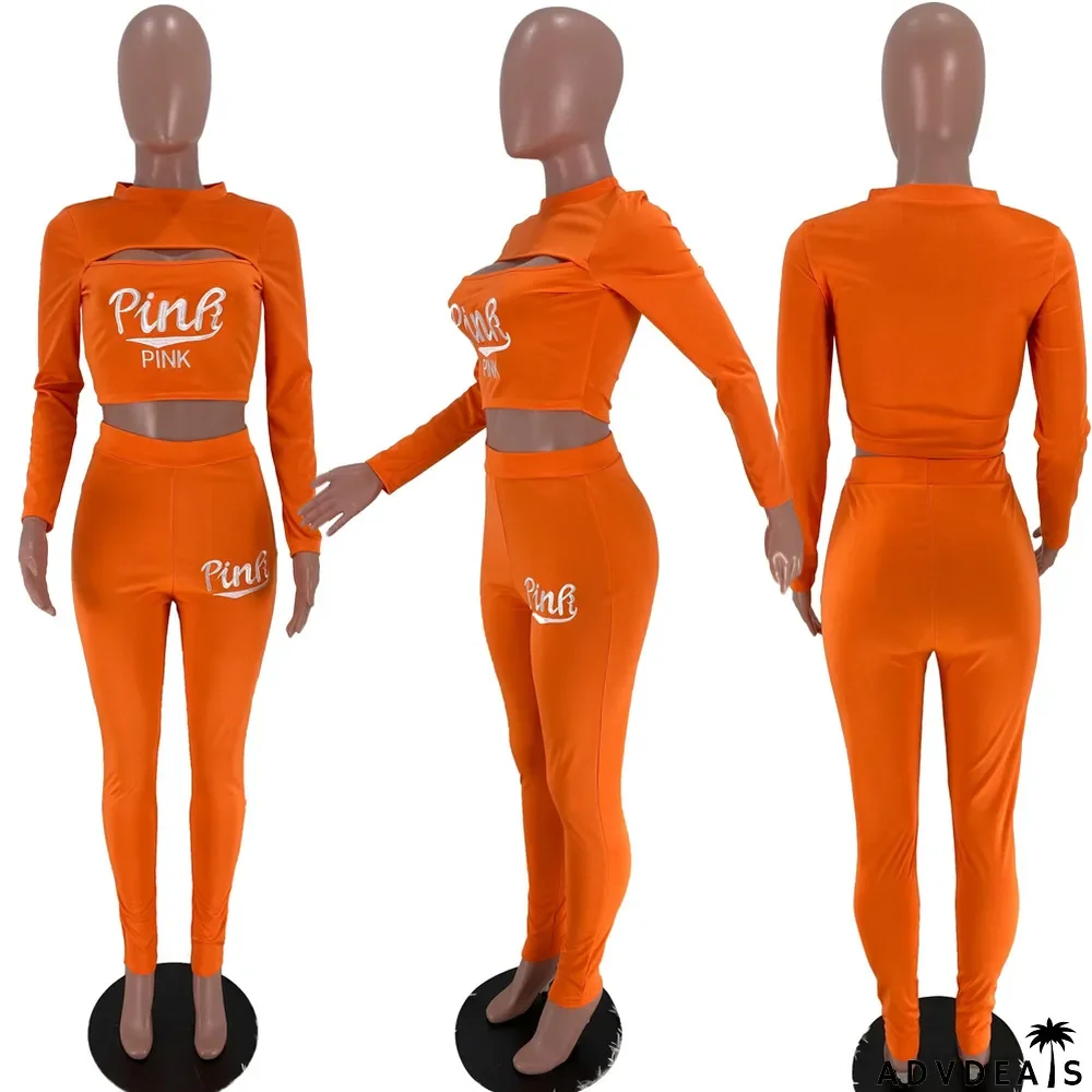 PINK Letter Embroidery Long Sleeve Pants Solid Color 2 Piece Set