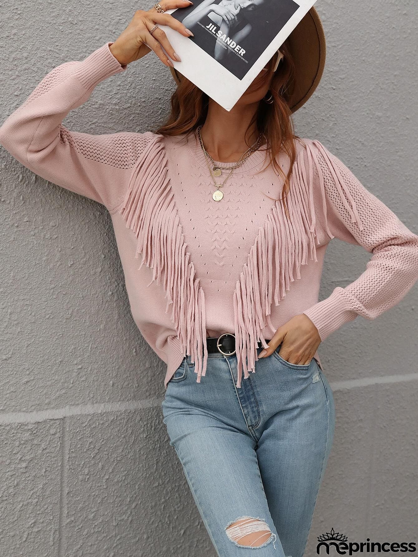 Fringe Detail Ribbed Trim Sweater