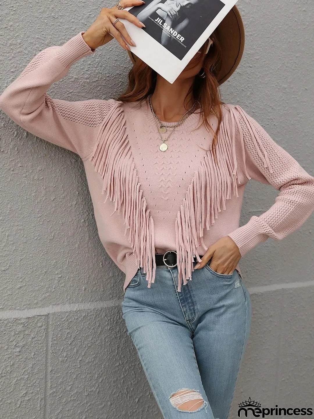 Fringe Detail Ribbed Trim Sweater