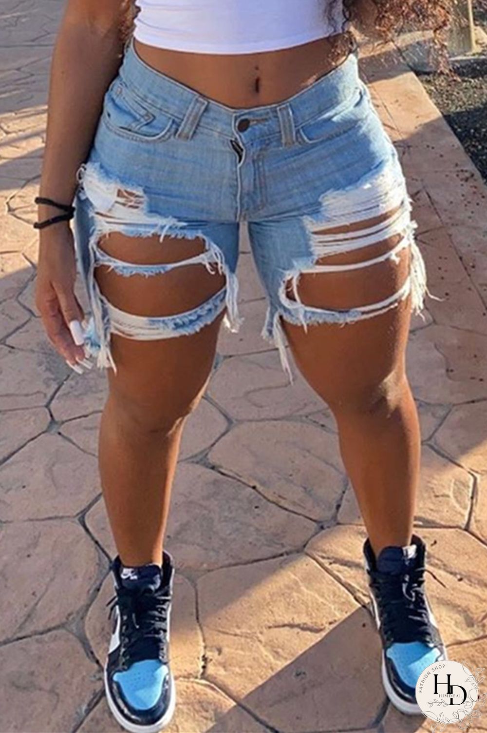 White Fashion Sexy Broken Hole Denim Pants