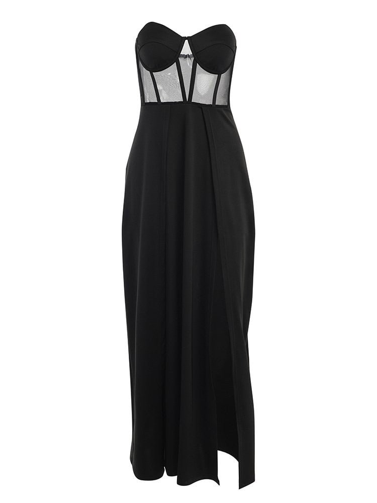 WannaThis Women Midi Vestidos High Split Patchwork Mesh Tube Sleeveless Corset Sexy Streetwear Club Party Womens Christmas Dress