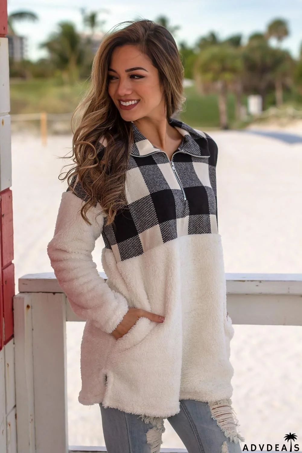 Fuzzy Pullover with Plaid Detail