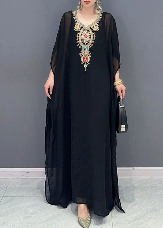 Bohemian Black V Neck Embroideried Patchwork Tulle Maxi Dresses Long Sleeve