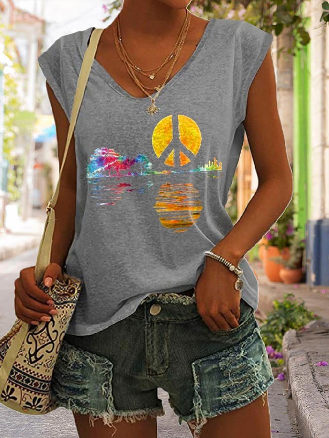 Hippie Guitar Moon Print Tank Top