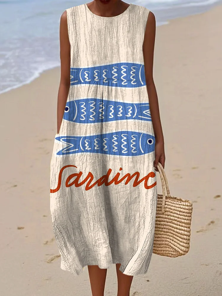 Women's Vintage  Sardine Art Print Sleeveless Cotton Pocket Wrap Dress