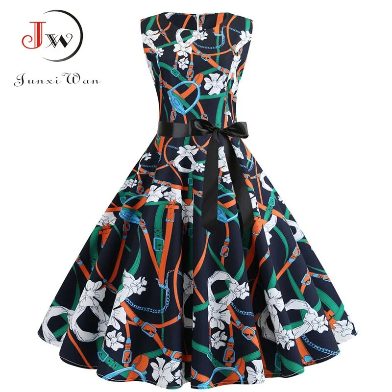 White Floral Print Women Summer Dress Sleeveless Elegant Vintage Party with Belt 50s 60s Robe Femme Casual Midi Dress