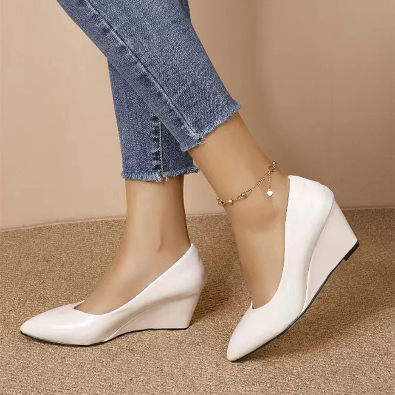 Wongn Wongn And Autumn New Slope Heel Pointed Head Shallow Mouth Single Shoes Comfortable Working Shoes Paint Leather High Heel Women's Shoes