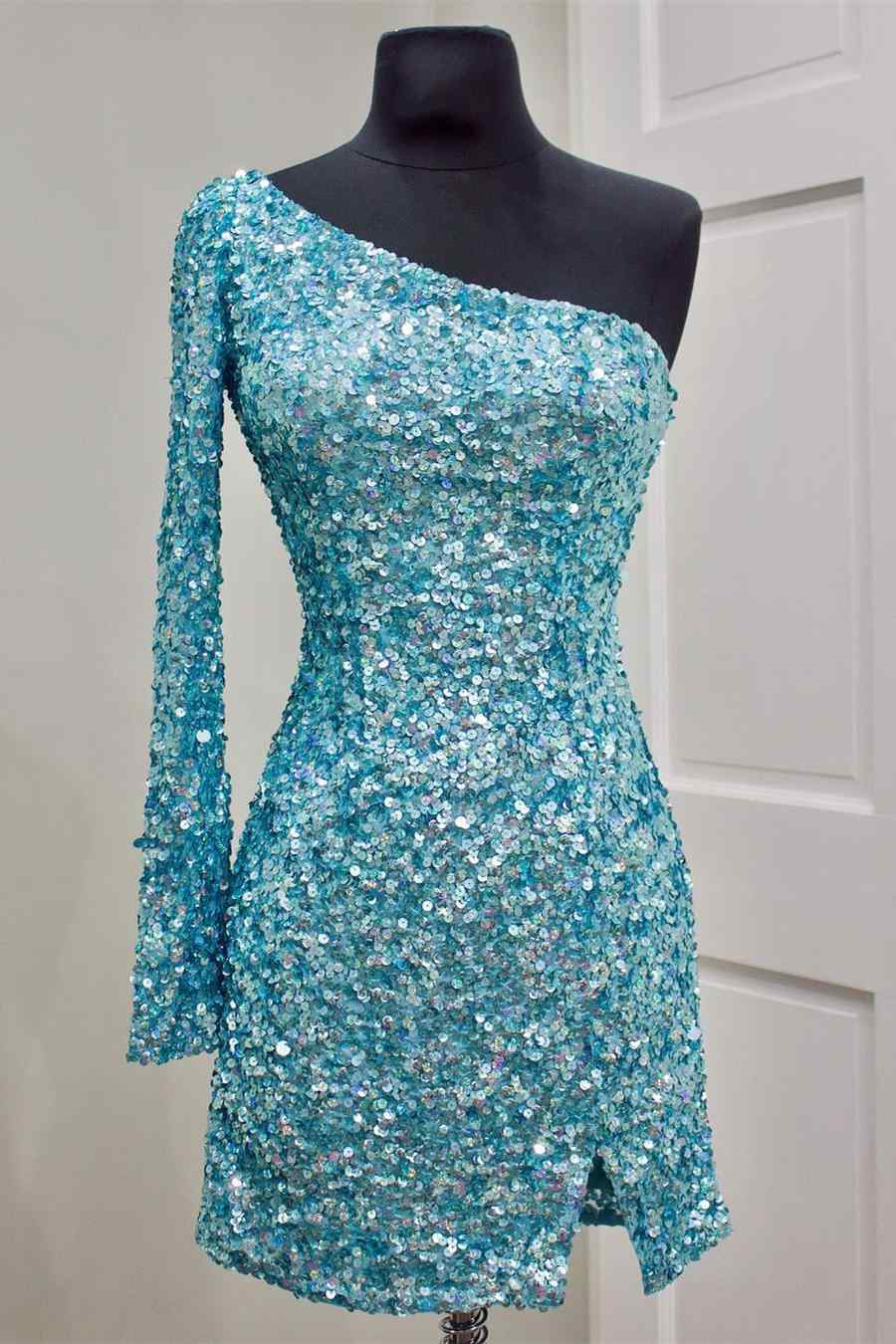 Oknass Stunning Long-Sleeve One-Shoulder Short Prom Dress With Sequins