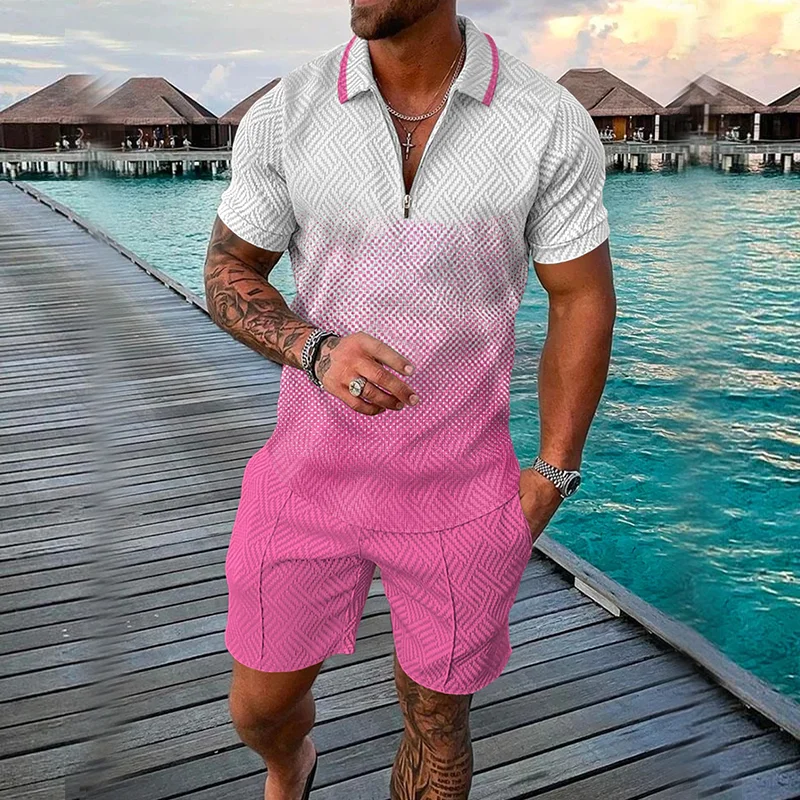 Fashion Gradient Men's Casual Short Sleeve Polo Shirt Set
