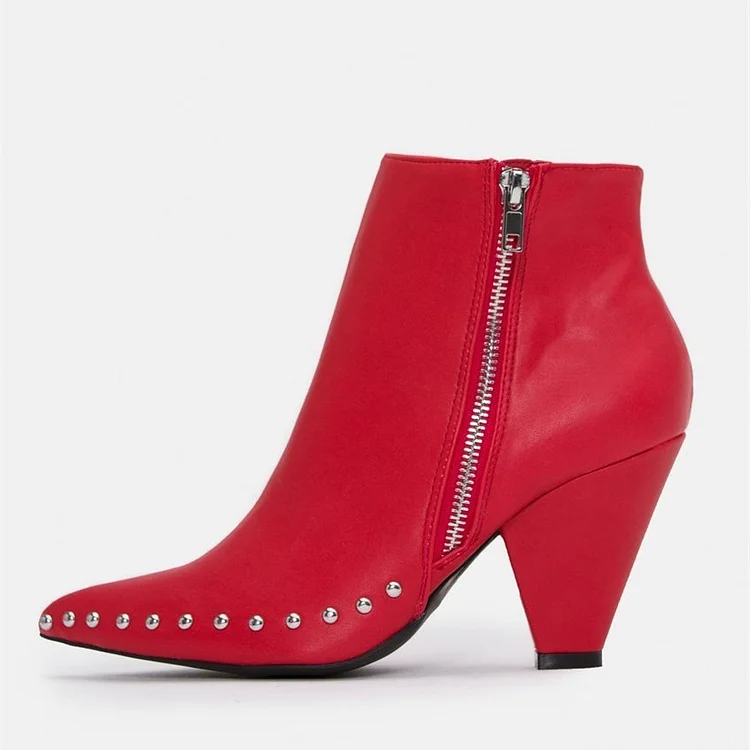 Red Studs Cone Heel Boots Ankle Boots |FSJ Shoes