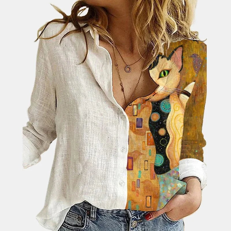 Vintage Women Patchwork Button Short Sleeve Blouse Summer Casual Loose Office Shirt Spring Femme 3XL Cats Printed Shirt Blusas