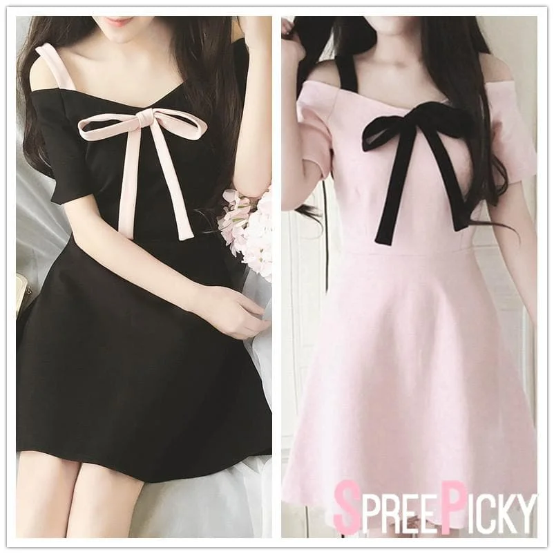 Black/Pink Sweet Off-Shoulder Bowknot Dress SP179304