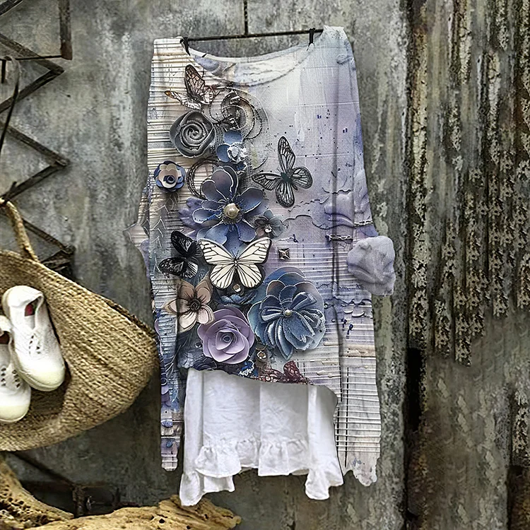 Women's Vitange Butterfly And Floral Art Round Neck Shirt