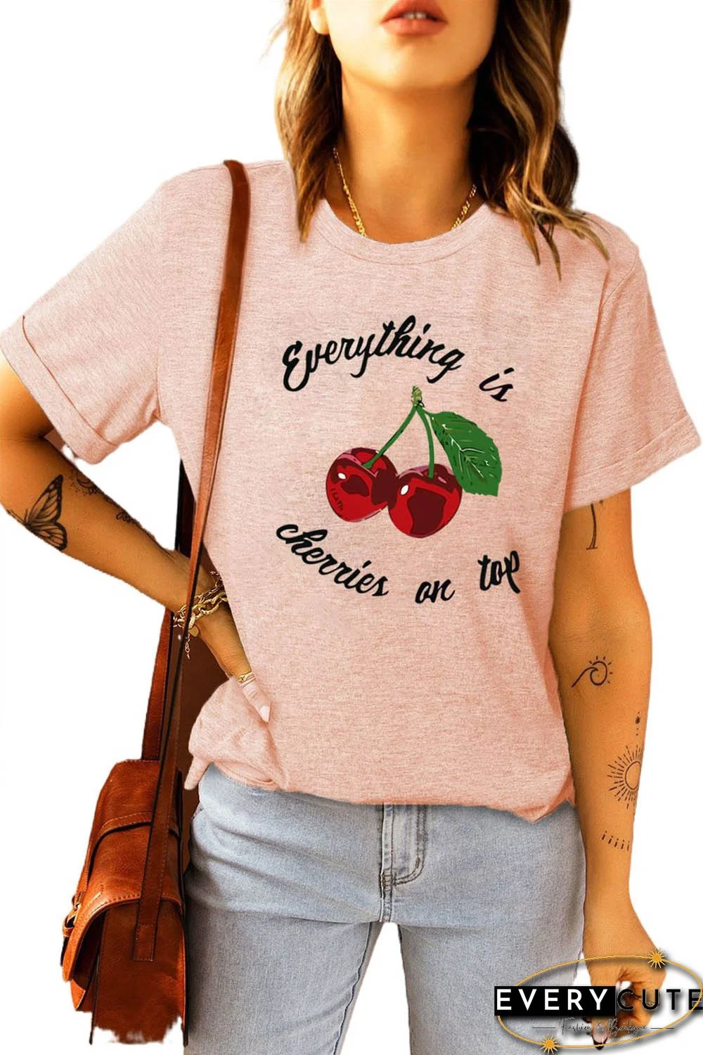 Pink Cherry Letters Print Short Sleeve Tee