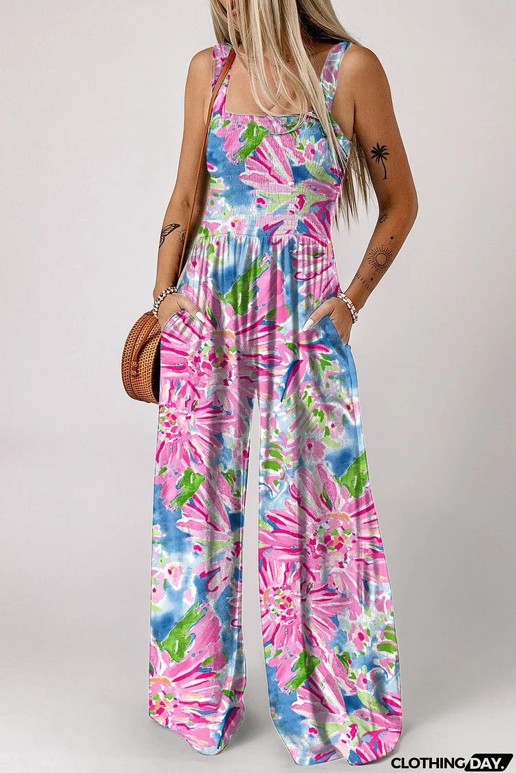 Floral Smocked Square Neck Jumpsuit with Pockets