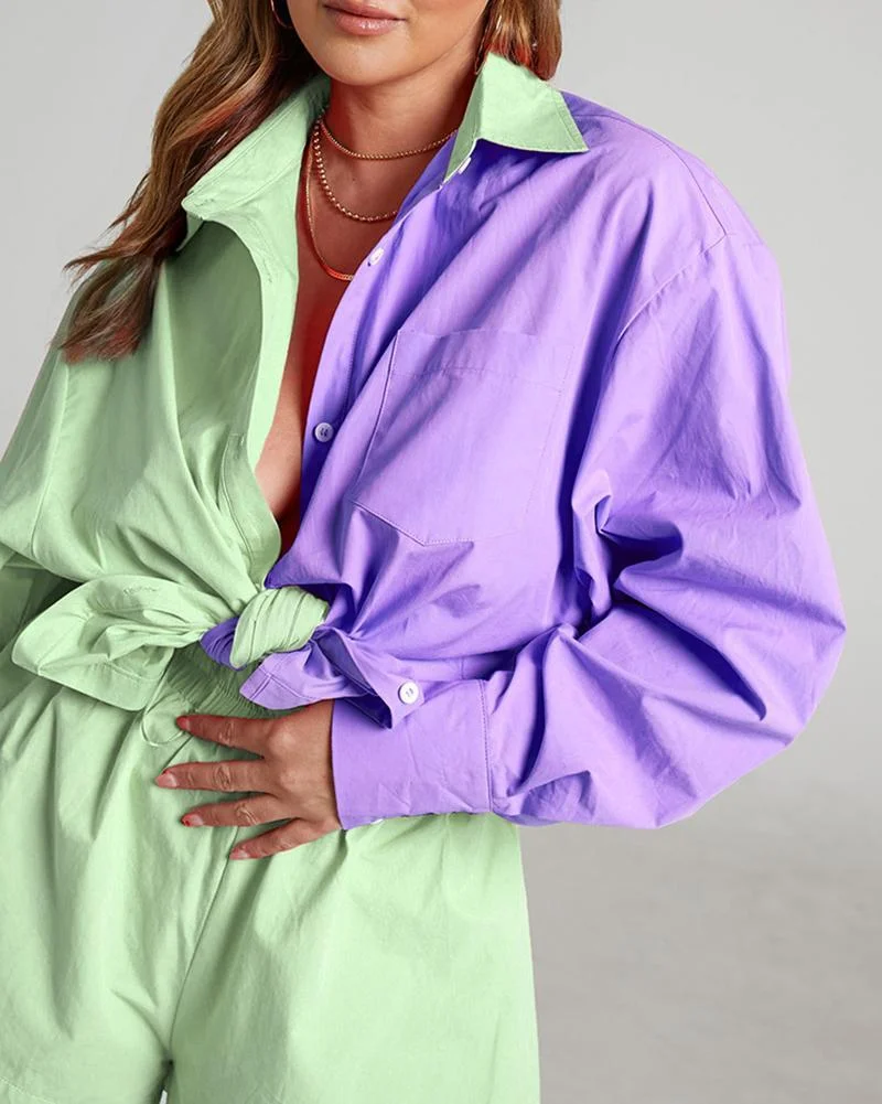 Casual Two Piece Colorblock Shirt & Shorts