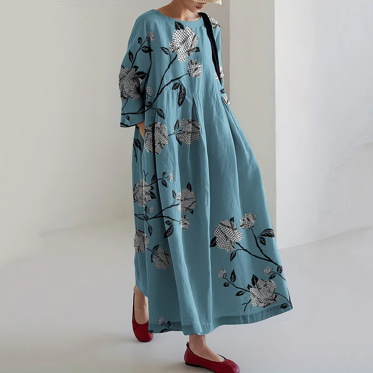 Keffiyeh Roses Printed Cotton Linen Dress