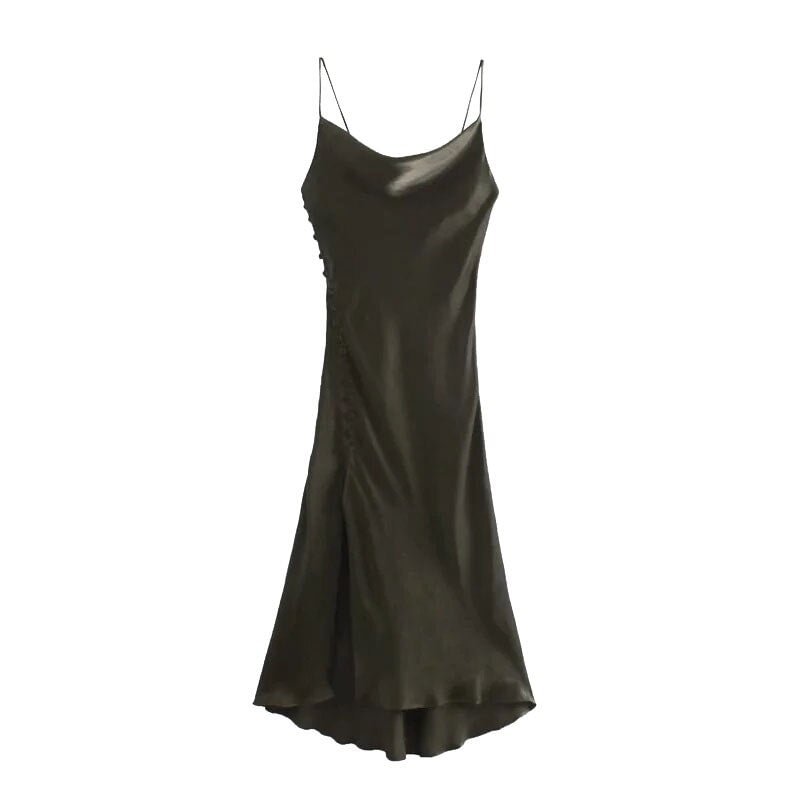 TRAF Women Chic Fashion Side Covered Buttons Slit Hem Midi Dress Vintage Backless Thin Straps Female Dresses Vestidos