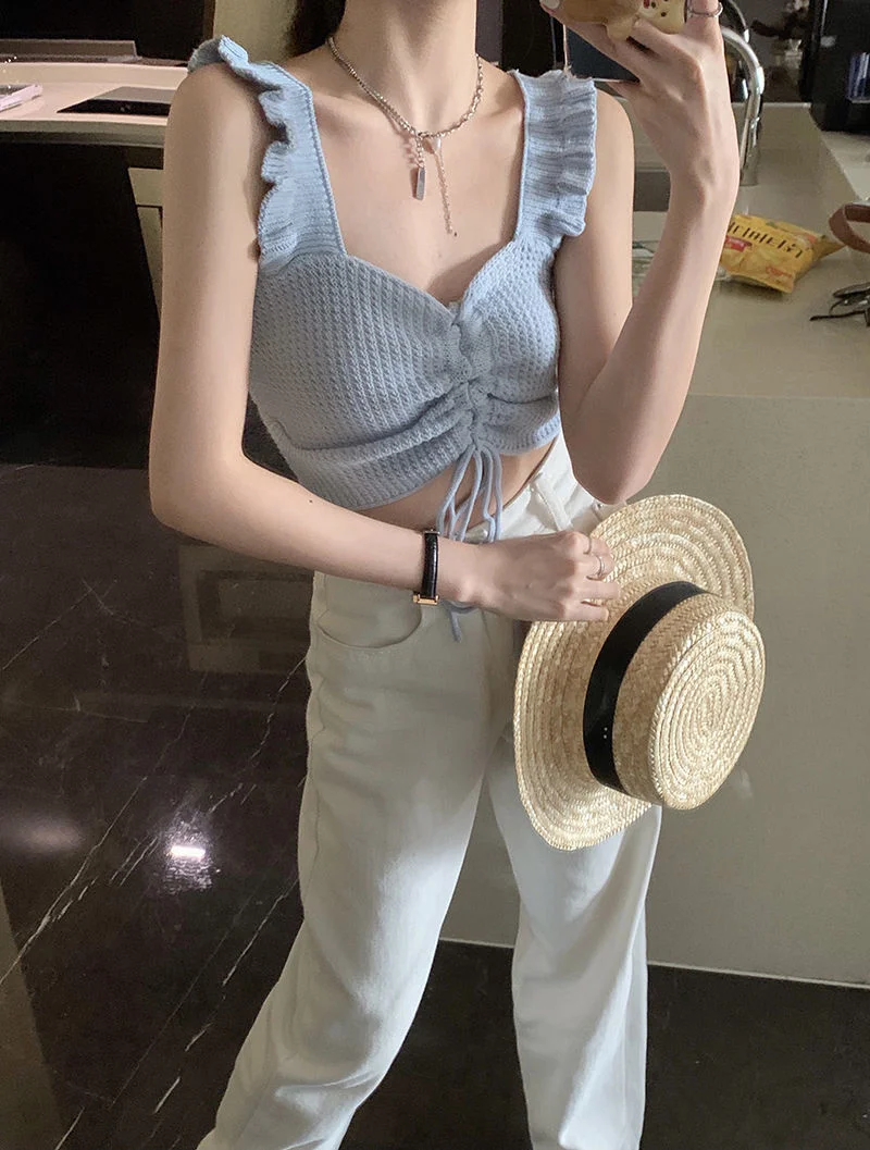 Uveng Uveng Rope Sling Sling Slings Small Vest Women's Summer 2023 New Fashion Umbilical Wrinkles Wearing Sleeveless Top