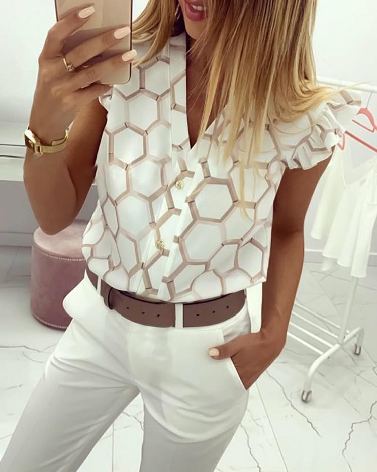 V-Neck Print Ruffles Casual Shirt