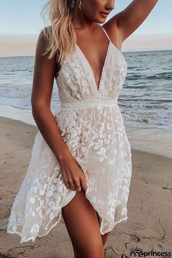 Lace Trim V-Neck Backless Dress