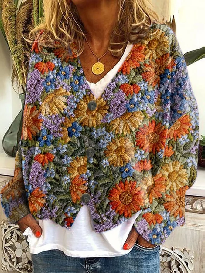 Women's Knitted Floral Print Plush Cardigan